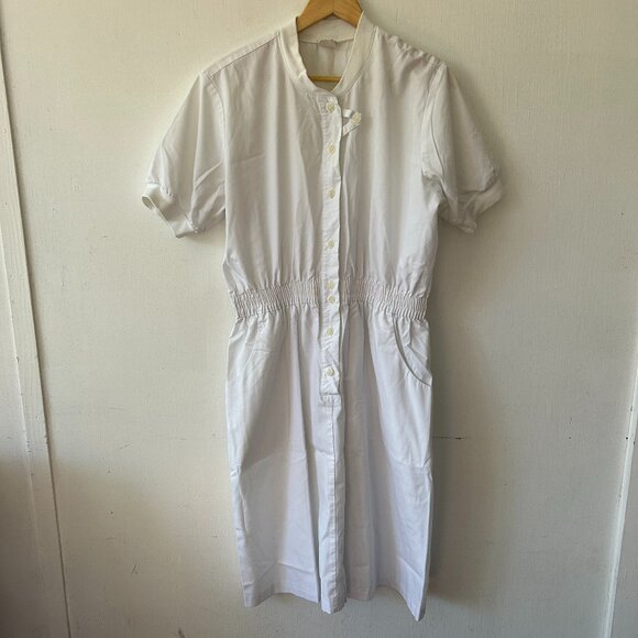 Elan VTG Nursing Uniform Dress Womens Large White Pockets Elastic Waist Buttons - Picture 1 of 6